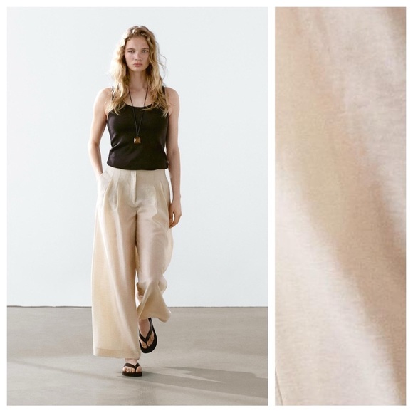 NWT. Massimo Dutti Golden Linen Blend Flowing Trousers with Darts. Size 6. - Picture 2 of 13